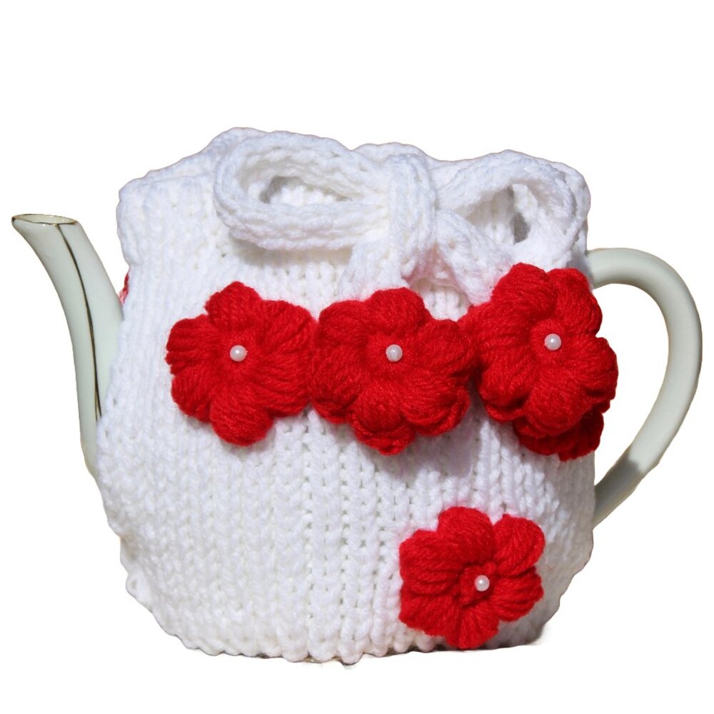 White Knitted Tea Cozy with Red Crochet Floweres for a Teapot
